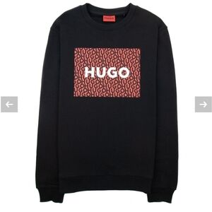 HUGO French Terry Black Sweatshirt with Red Patterned Logo